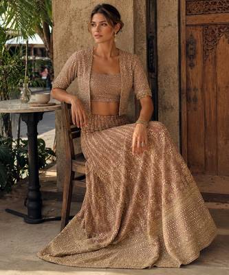 brown embroidered georgette silk blend georgette salwar - free size 2