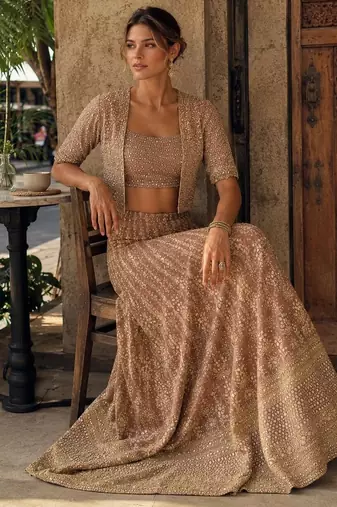 brown embroidered georgette silk blend georgette salwar - free size