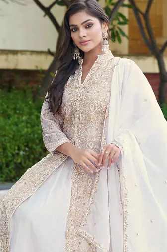 Off White Chinon Stitched Top With lehenga and Dupatta Full Sleeve Embroidered Lehenga Set