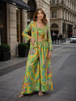 parrot green digital print silk blend indo western - free size 1