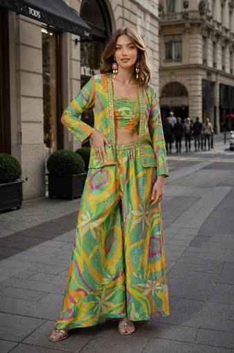 parrot green digital print silk blend indo western - free size