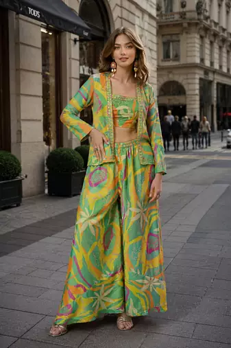 parrot green digital print silk blend indo western - free size