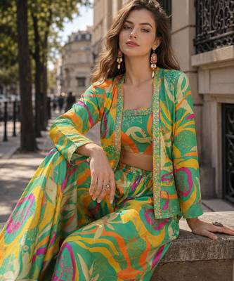 parrot green digital print silk blend indo western - free size 2