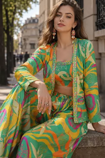 parrot green digital print silk blend indo western - free size
