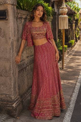 magenta embroidered georgette silk blend georgette salwar - free size