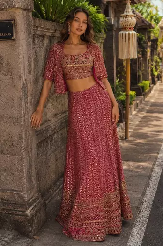 magenta embroidered georgette silk blend georgette salwar - free size