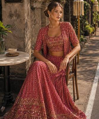 magenta embroidered georgette silk blend georgette salwar - free size 2