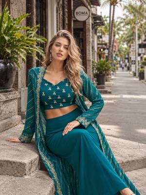 emerald sequins silk blend chiffon salwar suit - free size 2