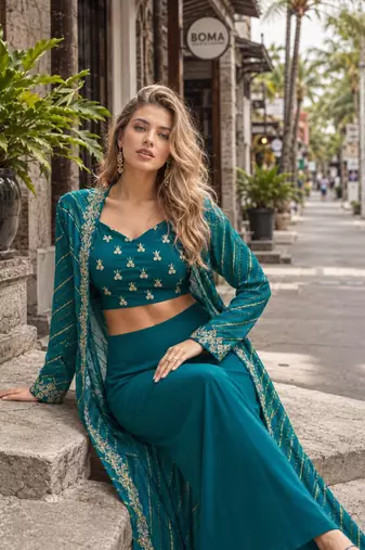 emerald sequins silk blend chiffon salwar suit - free size