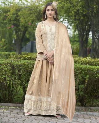 Saahmriga Brown Organza Stitched Top With lehenga and Dupatta Full Sleeve Embroidered Lehenga Set 1