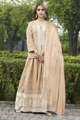 Saahmriga Brown Organza Stitched Top With lehenga and Dupatta Full Sleeve Embroidered Lehenga Set