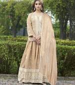 Saahmriga Brown Organza Stitched Top With lehenga and Dupatta Full Sleeve Embroidered Lehenga Set