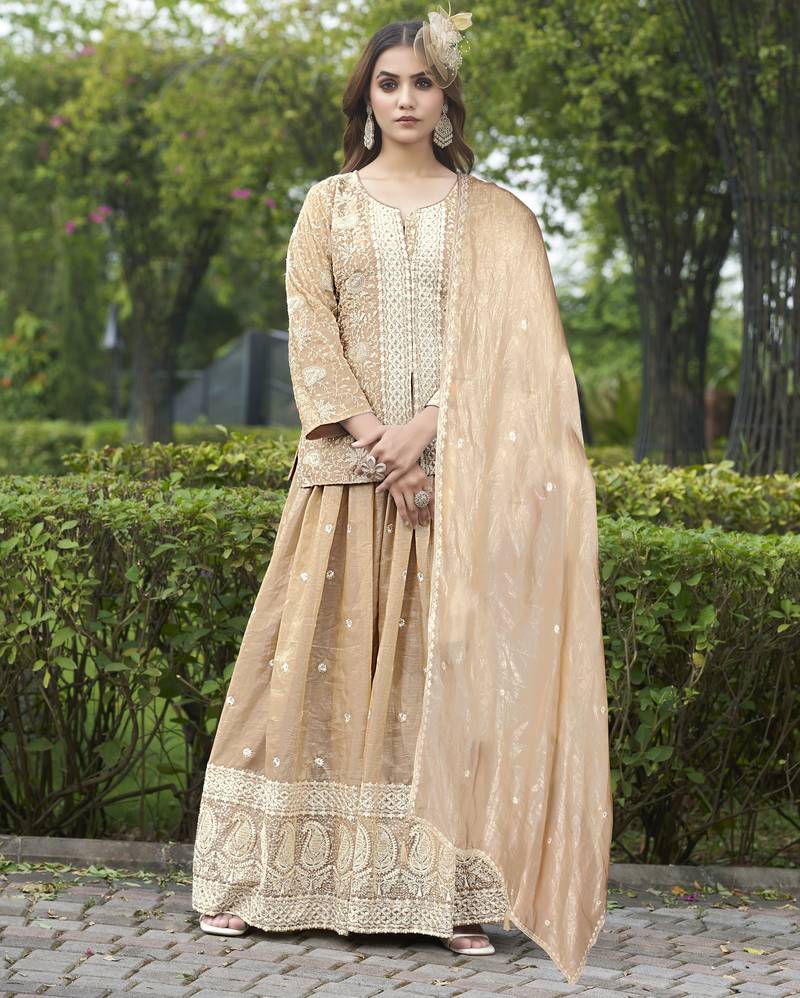 Saahmriga Brown Organza Stitched Top With lehenga and Dupatta Full Sleeve Embroidered Lehenga Set