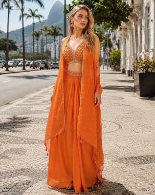 orange sequins silk blend chiffon salwar suit - free size 1