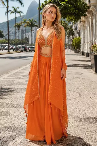 orange sequins silk blend chiffon salwar suit - free size