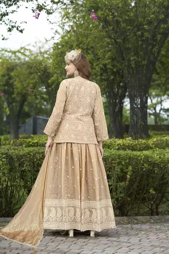 Saahmriga Brown Organza Stitched Top With lehenga and Dupatta Full Sleeve Embroidered Lehenga Set