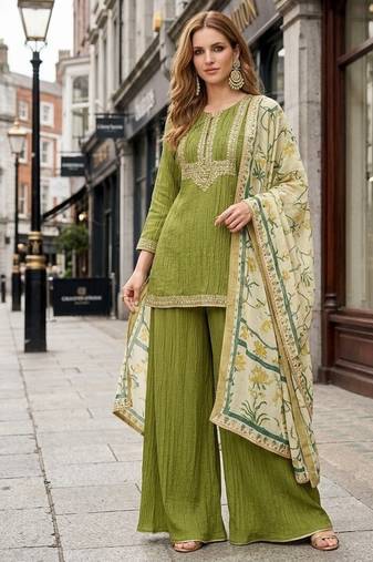 green embroidered silk blend salwar suit - free size