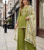 green embroidered silk blend salwar suit - free size
