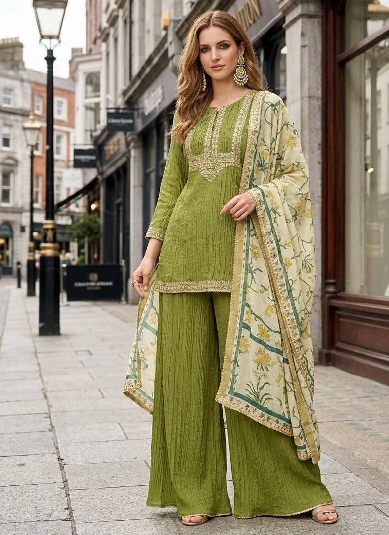 green embroidered silk blend salwar suit - free size
