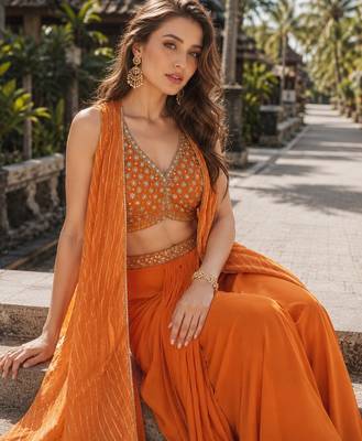 orange sequins silk blend chiffon salwar suit - free size 2