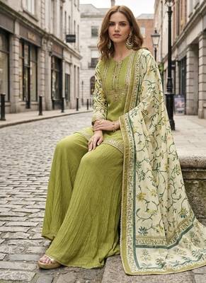 green embroidered silk blend salwar suit - free size 2