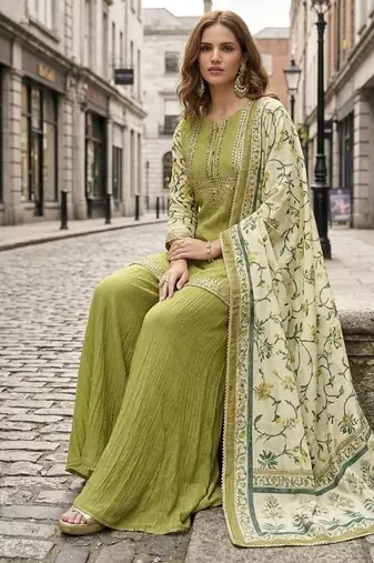 green embroidered silk blend salwar suit - free size