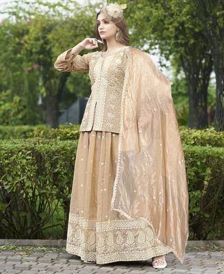 Saahmriga Brown Organza Stitched Top With lehenga and Dupatta Full Sleeve Embroidered Lehenga Set 3