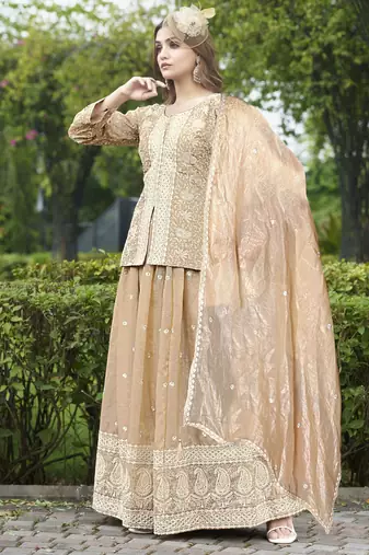 Saahmriga Brown Organza Stitched Top With lehenga and Dupatta Full Sleeve Embroidered Lehenga Set