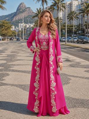 magenta sequins silk blend chiffon salwar suit - free size 1