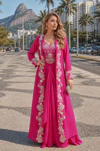 magenta sequins silk blend chiffon salwar suit - free size