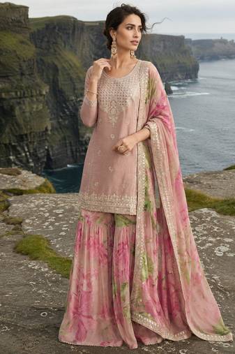 pink embroidered silk blend salwar suit - free size
