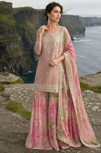 pink embroidered silk blend salwar suit - free size