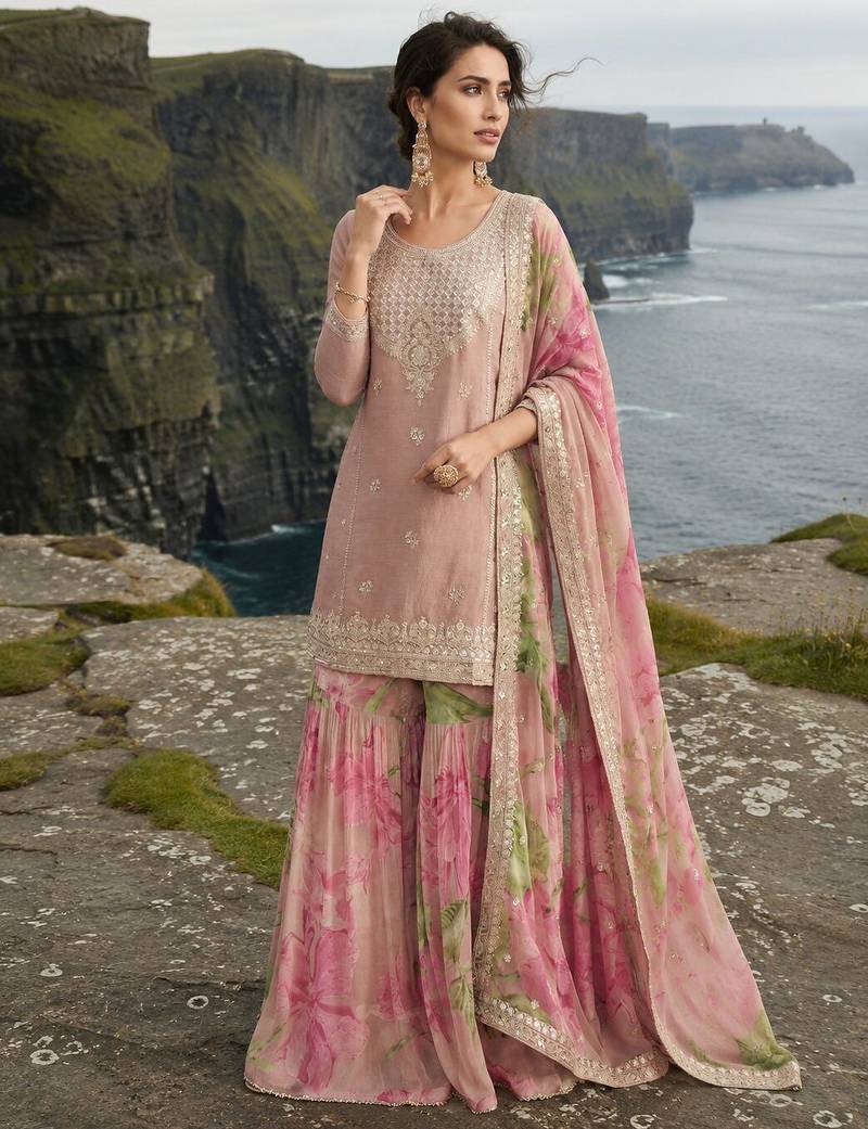 pink embroidered silk blend salwar suit - free size