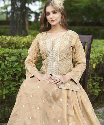 Saahmriga Brown Organza Stitched Top With lehenga and Dupatta Full Sleeve Embroidered Lehenga Set 4