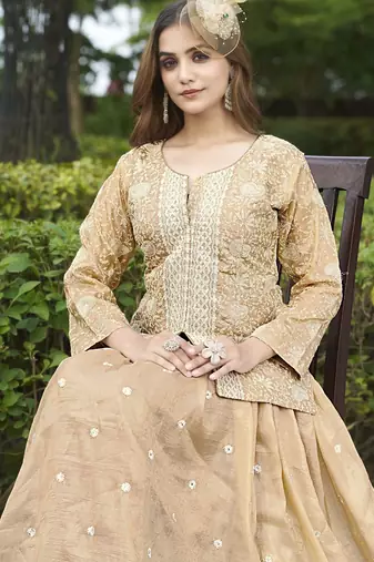 Saahmriga Brown Organza Stitched Top With lehenga and Dupatta Full Sleeve Embroidered Lehenga Set