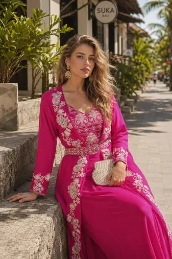 magenta sequins silk blend chiffon salwar suit - free size