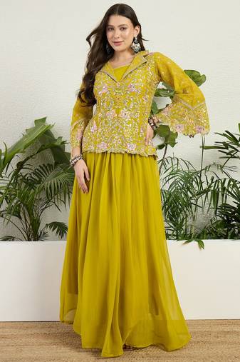 Saahmriga Yellow Georgette Stitched Top With lehenga and Dupatta Full Sleeve Embroidered Lehenga Set