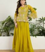 Saahmriga Yellow Georgette Stitched Top With lehenga and Dupatta Full Sleeve Embroidered Lehenga Set