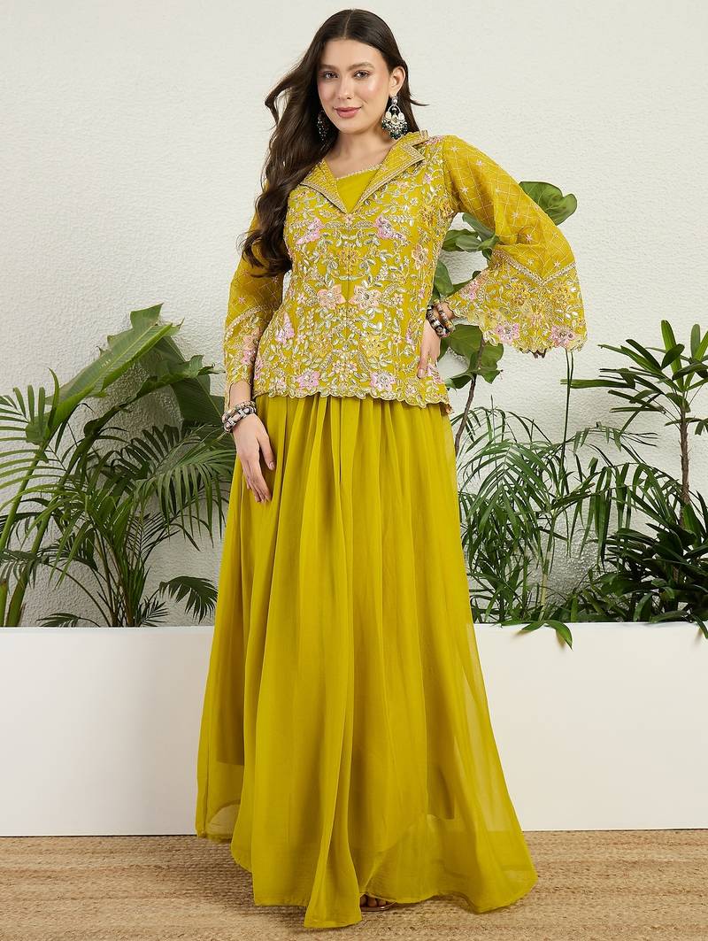 Saahmriga Yellow Georgette Stitched Top With lehenga and Dupatta Full Sleeve Embroidered Lehenga Set