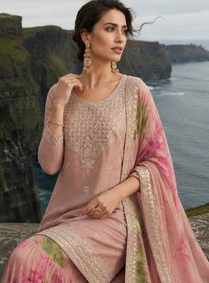 pink embroidered silk blend salwar suit - free size 2