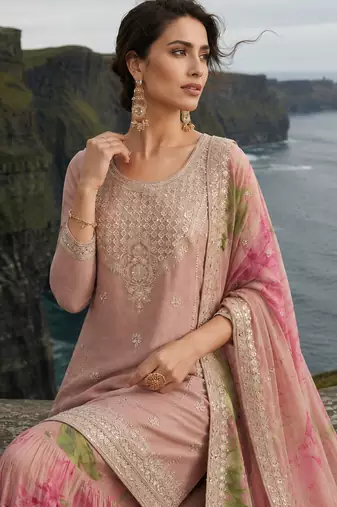 pink embroidered silk blend salwar suit - free size