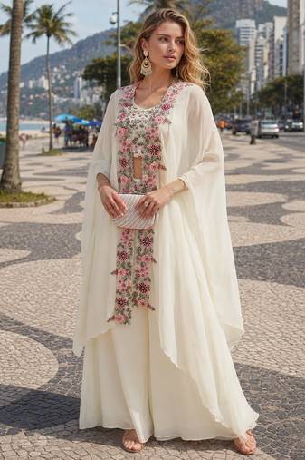 white sequins silk blend chiffon salwar suit - free size