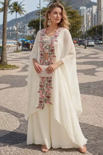 white sequins silk blend chiffon salwar suit - free size