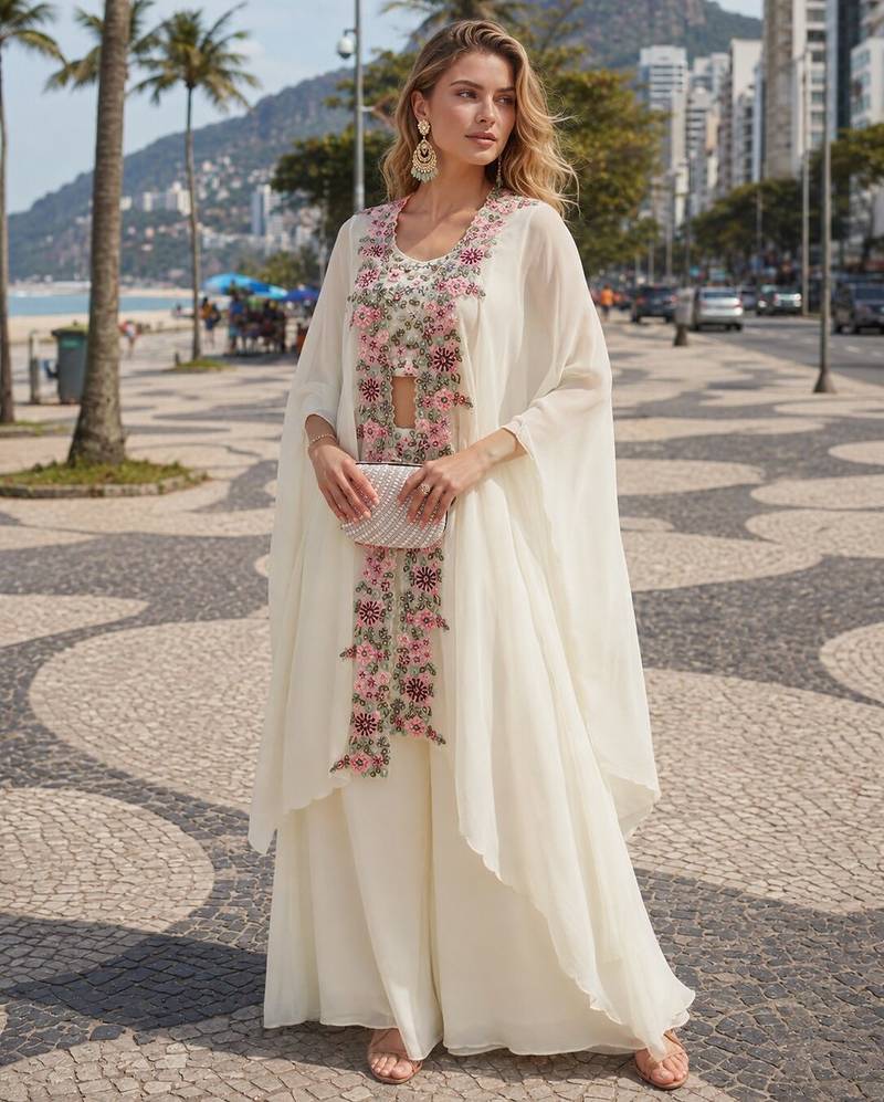 white sequins silk blend chiffon salwar suit - free size