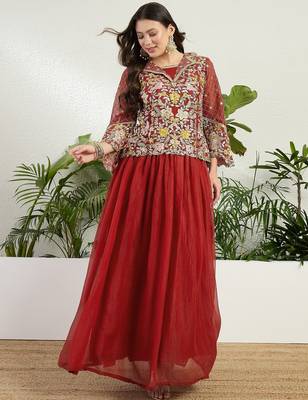 Saahmriga Red Georgette Stitched Top With lehenga and Dupatta Full Sleeve Embroidered Lehenga Set 1