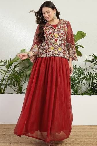 Saahmriga Red Georgette Stitched Top With lehenga and Dupatta Full Sleeve Embroidered Lehenga Set