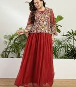 Saahmriga Red Georgette Stitched Top With lehenga and Dupatta Full Sleeve Embroidered Lehenga Set