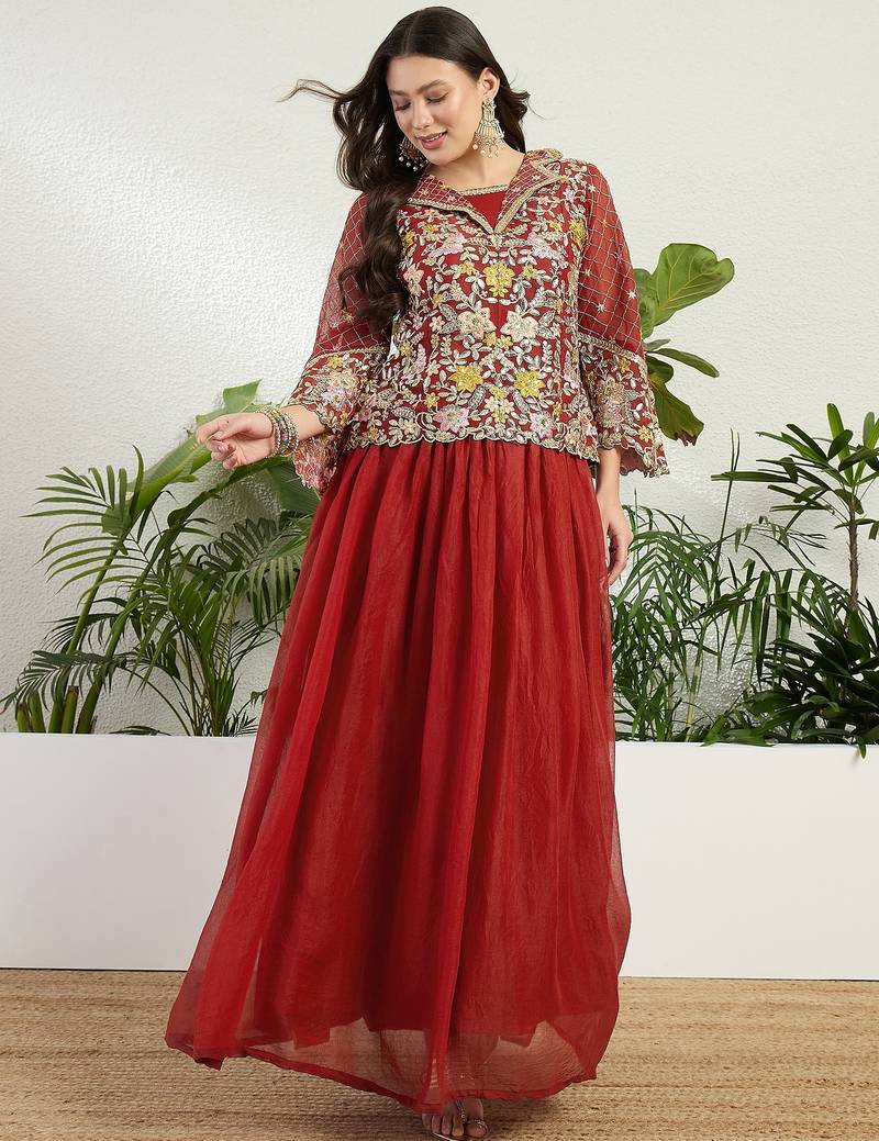 Saahmriga Red Georgette Stitched Top With lehenga and Dupatta Full Sleeve Embroidered Lehenga Set
