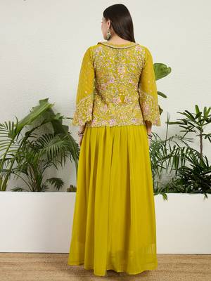 Saahmriga Yellow Georgette Stitched Top With lehenga and Dupatta Full Sleeve Embroidered Lehenga Set 2