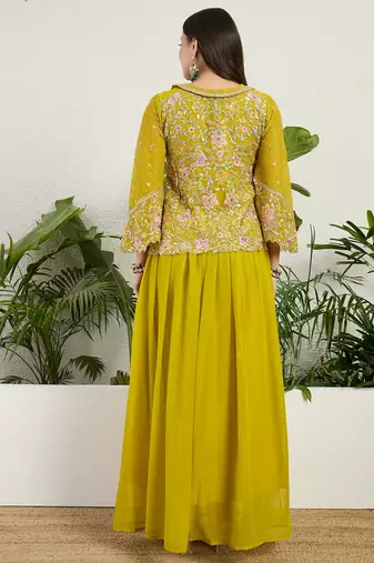 Saahmriga Yellow Georgette Stitched Top With lehenga and Dupatta Full Sleeve Embroidered Lehenga Set